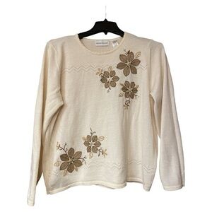Alfred Dunner Wool Blend‎ Sweater XL Floral Embroidered Beaded Party Ivory Gold